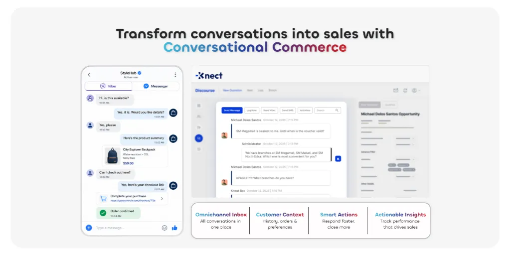 chat interface mockup showing checkout in viber messenger knect platform preview