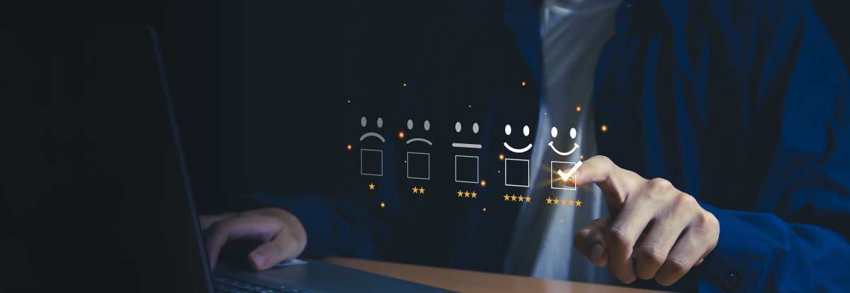 Hand selecting the highest satisfaction rating on a digital interface, illustrating a step toward mastering customer engagement.